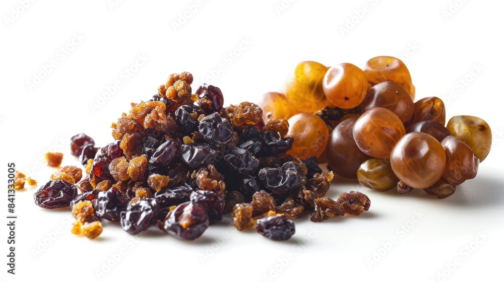 Fototapeta premium A pile of raisins and nuts on a white surface