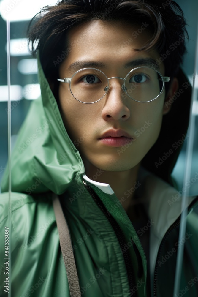 A man dressed in a green jacket and wearing glasses, the focus is on his face A man dressed in a green jacket and wearing glasses, the focus is on his face