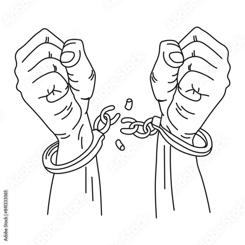 Line art, male hands are chained. Human trafficking concept. Illustration, vector.