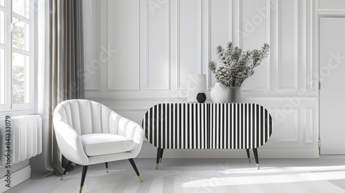Interior of modern living room with black and white sideboard over white wall with wooden paneling. Contemporary room with dresser.Generative AI