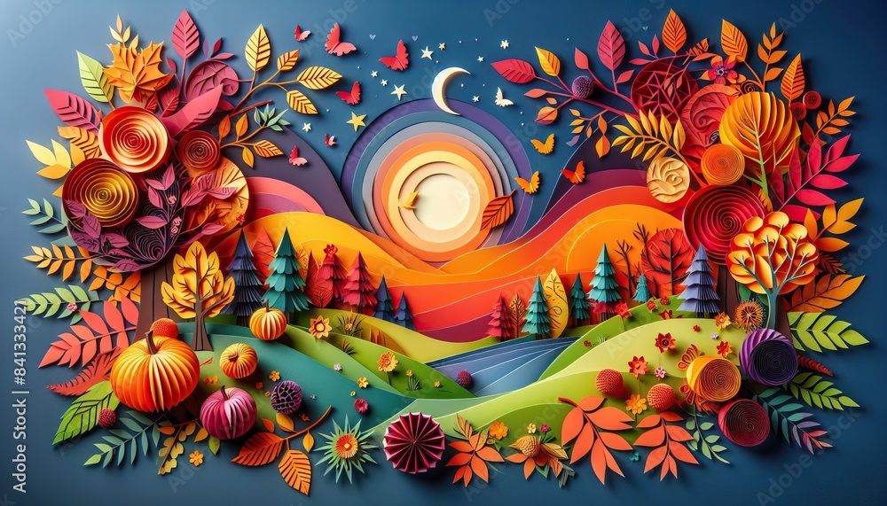 Autumn landscape with trees moon and butterflies in a colorful forest scene