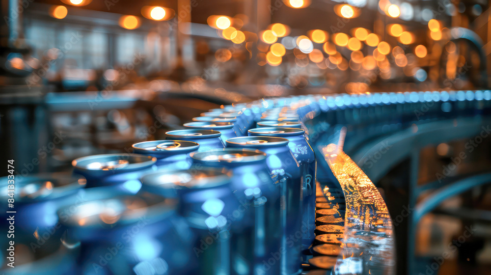 Blue aluminum cans on conveyor line at factory.Generative AI Blue aluminum cans on conveyor line at factory.Generative AI