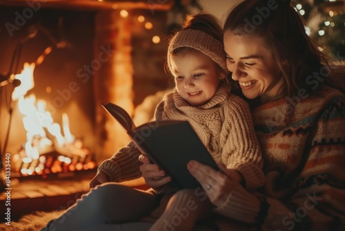 A mother and child enjoying a quiet moment together by the warm glow of a fireplace, perfect for a cozy atmosphere or family moments