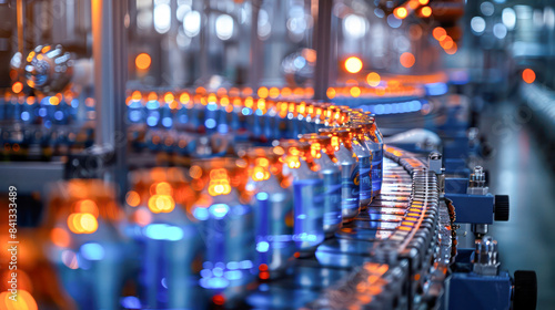 Blue aluminum cans on conveyor line at factory.Generative AI