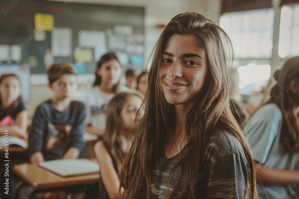 a girl smiles in a classroom with other children a girl smiles in a classroom with other children
