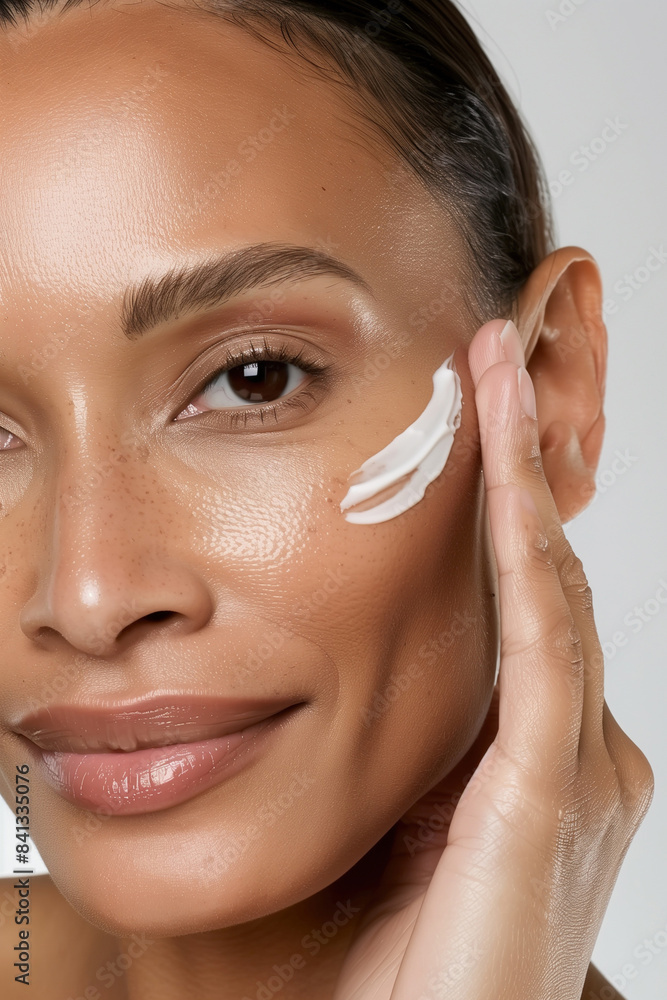 Close-Up Photo of Middle-Aged Woman Applying Face Cream, Daily Anti-Aging Skincare Routine Close-Up Photo of Middle-Aged Woman Applying Face Cream, Daily Anti-Aging Skincare Routine
