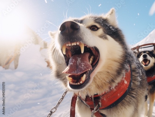 A husky dog is pulling a sled, its mouth open in effort photo