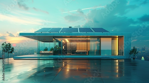 smart home with solar panels rooftop system