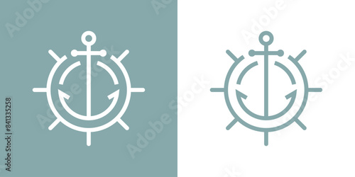 Logo nautical. Silueta con líneas de volante de timón y ancla de barco