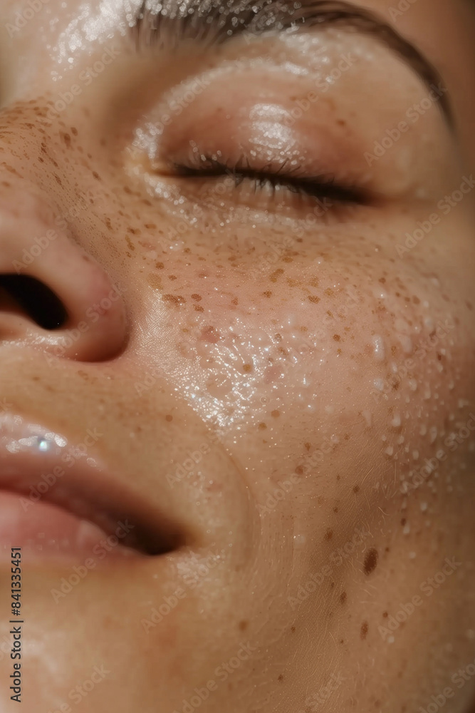 Fototapeta premium Ultra-Detailed Close-Up Photo of a Young Woman's Face Highlighting Clear, Healthy Skin