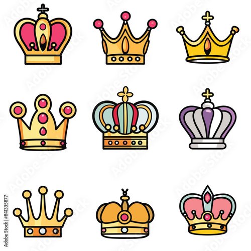 Nine distinct crowns rendered vibrant colors featuring gems royal motifs, crown has its own design, ranging classic modern styles, presented against white background. Detailed artwork suitable