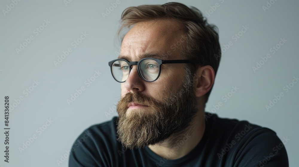 Obraz premium Confident man with beard and glasses thinking portrait against light gray background