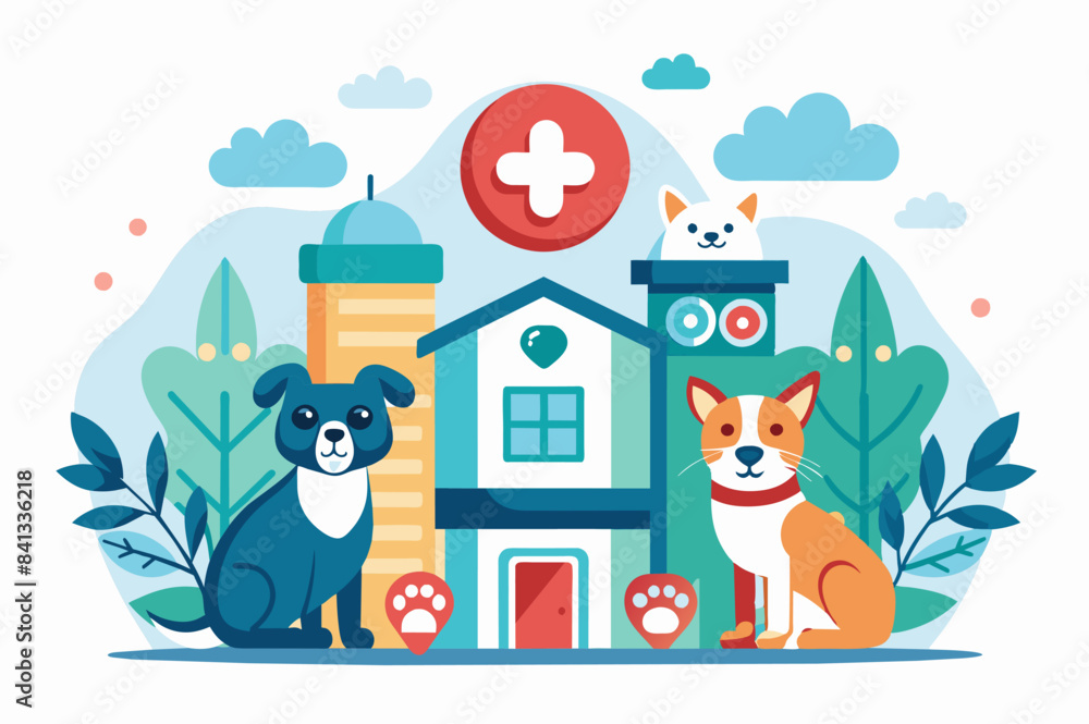 Veterinary Clinic with Dog and Cat. Abstract vector illustration of a veterinary clinic with a dog and a cat in front, surrounded by greenery