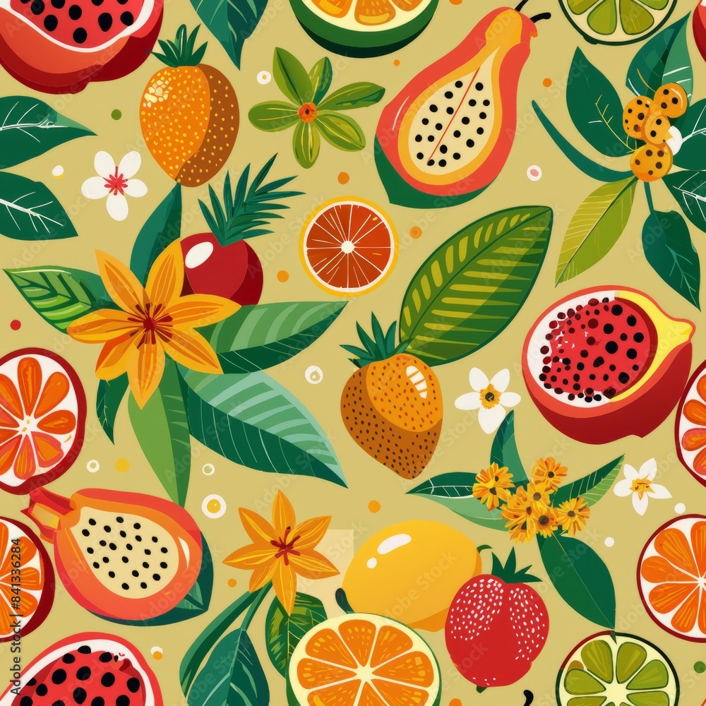 Seamless pattern of exotic fruit patterns with a retro twist, reminiscent of vintage postcards, Generative AI Seamless pattern of exotic fruit patterns with a retro twist, reminiscent of vintage postcards, Generative AI