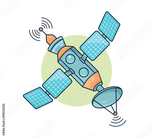 Flat satellite internet system with two radar antenna and dual solar panel illustration on isolated background