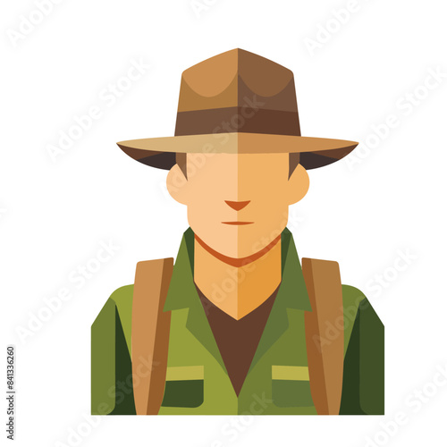 A simple flat vector icon of an explorer wearing safari , with no background and white edges