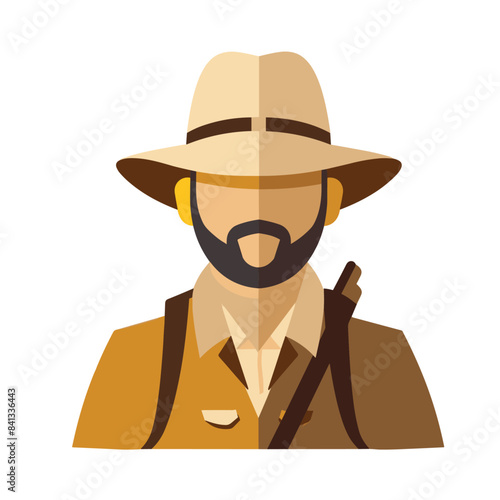A simple flat vector icon of an explorer wearing safari , with no background and white color scheme