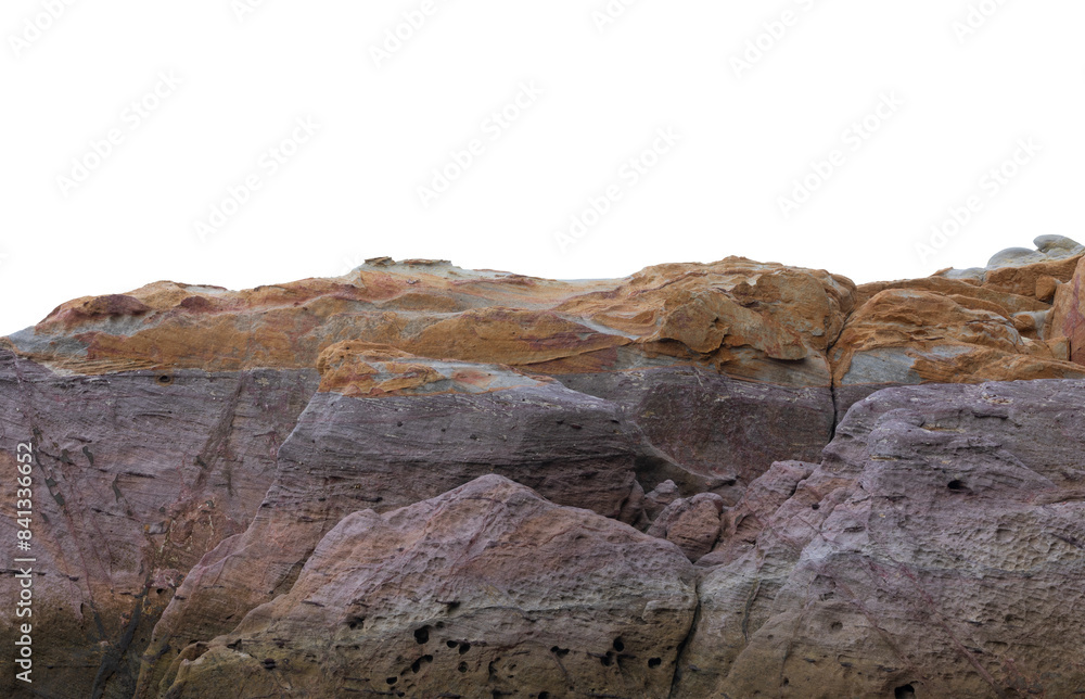 Multi-colored rock cliffs isolated on white background,clipping path Multi-colored rock cliffs isolated on white background,clipping path