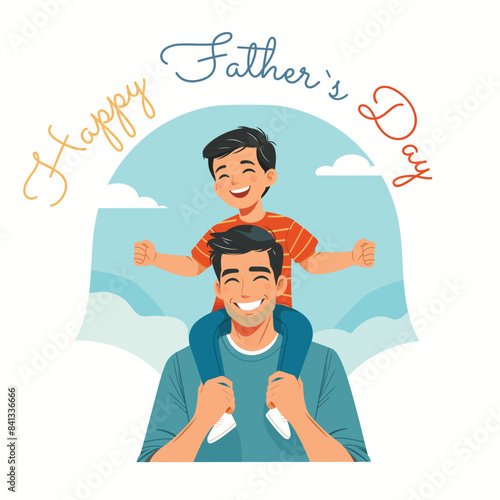 Happy father-s day. The daughter is sitting on the father's shoulders in flat style. Vector illustration