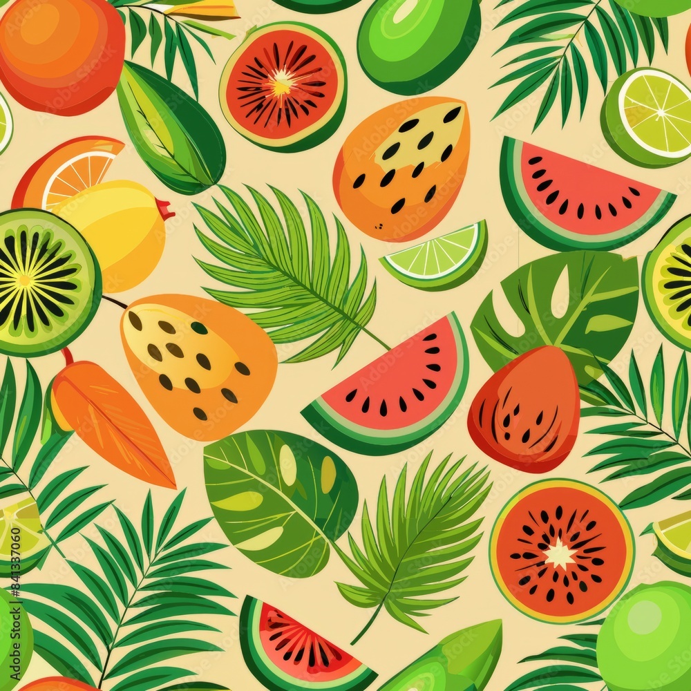 Seamless pattern of juicy watermelons, kiwis, and passion fruits intertwined with palm leaves, Generative AI Seamless pattern of juicy watermelons, kiwis, and passion fruits intertwined with palm leaves, Generative AI