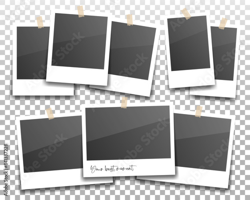 Vintage photo frames glued on tape isolated on transparent background. Realistic retro frame collection with shadow. Your best moment concept. Vector illustration.