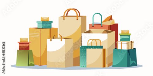 Piles of shopping bags and boxes on white background.  Numerous shopping bags and boxes are neatly piled on a white surface. The scene lacks any distinctive shapes like rectangles, houses or landscape