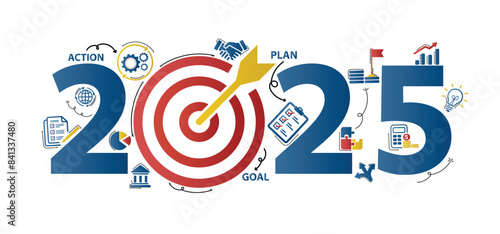 2025 new year goal plan action with target icons, Business plan, financial plan and strategies. Annual plan and development for achieving goal, achievement and success in 2024. Vector illustrator set.