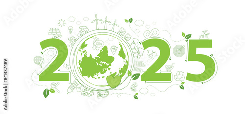2025 New year, Eco friendly, Sustainability planning concept with globe and World environmental green doodle icons drawing set on white background ,Vector illustration