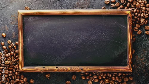 Blackboard framed with coffee beans and cups on a rustic wooden background, perfect for café menu
