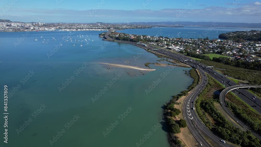 Aerial View Of Auckland Northern Motorway In The Auckland Region Of New Zealand - Drone Shot Aerial View Of Auckland Northern Motorway In The Auckland Region Of New Zealand - Drone Shot