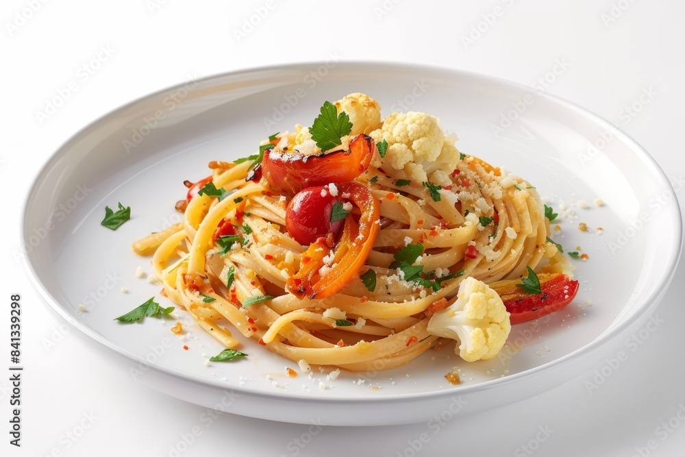 Linguine Nests with Roasted Peppers and Parmesan, Topped with Cauliflower Linguine Nests with Roasted Peppers and Parmesan, Topped with Cauliflower