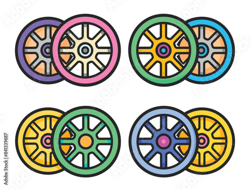 Four colorful car alloy wheels vector illustration isolated white background. Automotive parts mag wheels pink, orange, green, blue, yellow. Set alloy rims vehicle customization bright colors