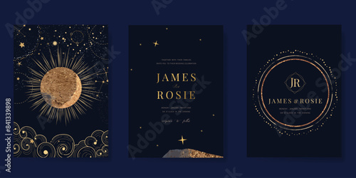 Navy Blue Luxury Wedding Invitation, start invite thank you, rsvp modern card Design in Night sky with  little star moon sun and space decorative Vector elegant rustic template