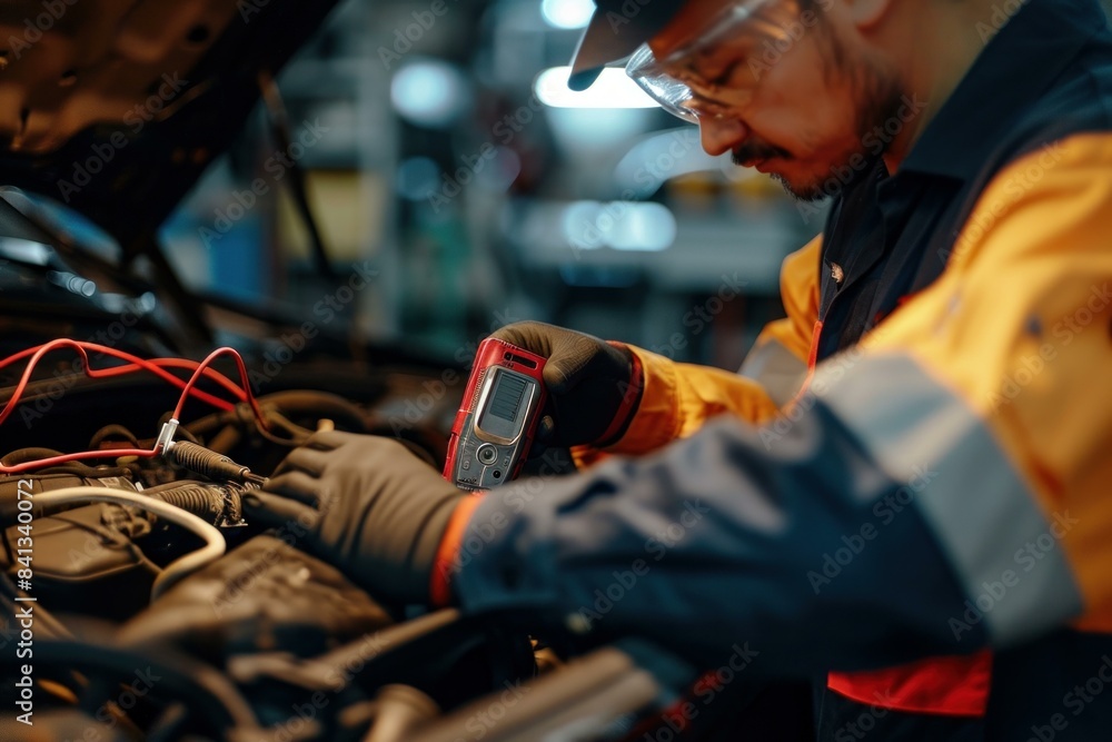 Auto technician performs diagnostics with a digital tool on a vehicle's engine in a workshop Auto technician performs diagnostics with a digital tool on a vehicle's engine in a workshop