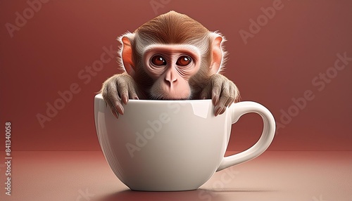 A monkey peeks out from a white teacup against a red background. This surreal and whimsical scene captures the monkey's curious expression, creating a playful and imaginative atmosphere.
