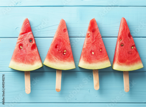 Delicious fruit ice cream with watermelon slices on a blue wooden background. The concept of summer holidays.