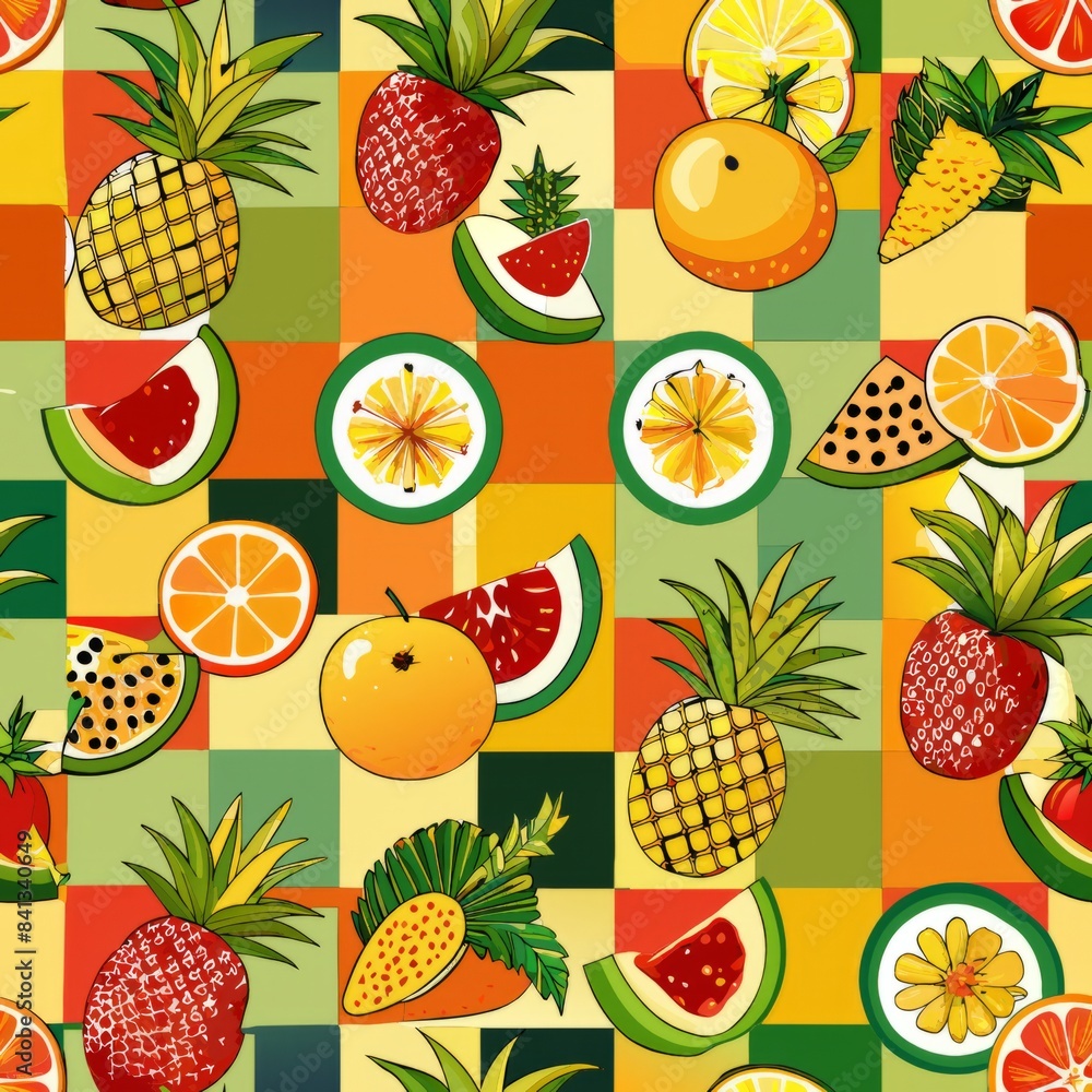 Seamless pattern of tropical fruit patterns arranged in a checkerboard design for a playful vibe, Generative AI Seamless pattern of tropical fruit patterns arranged in a checkerboard design for a playful vibe, Generative AI