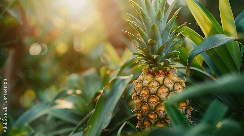 Obraz premium Pineapple tropical fruit growing in the garden. space for texture