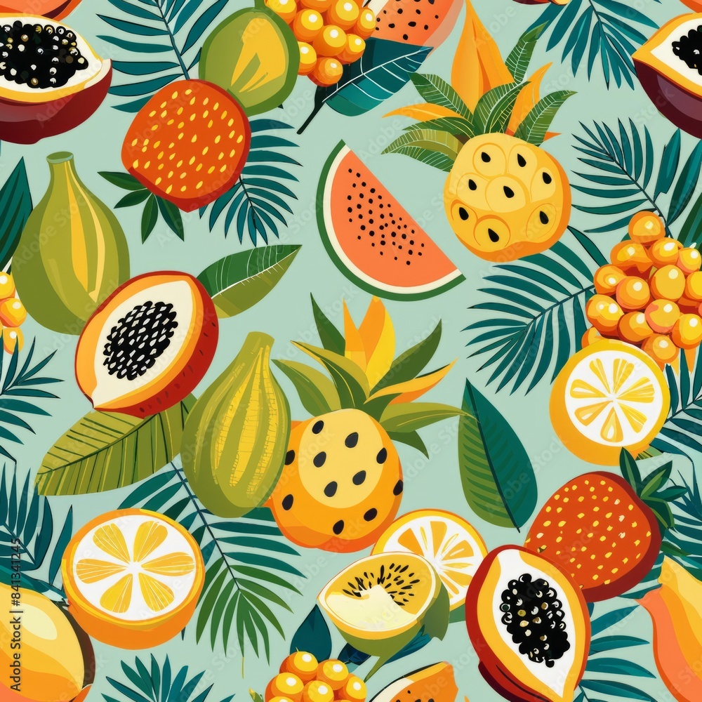 Seamless pattern of tropical fruit patterns inspired by traditional Hawaiian quilting designs, Generative AI Seamless pattern of tropical fruit patterns inspired by traditional Hawaiian quilting designs, Generative AI