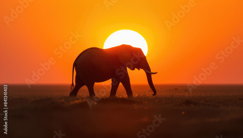 The silhouette of an elephant walking against the backdrop of sunset. 