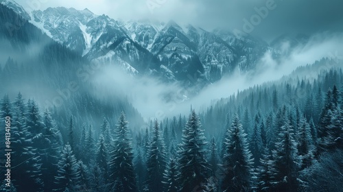 Night view of dark green pine forest, background snow-capped mountains, coniferous forest. Generative AI. photo