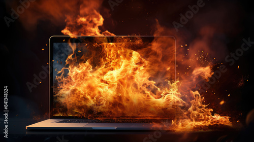 Burning laptop and keyboard, equipment fire due to faulty battery and wiring. Laptop Computer setting the world on fire.