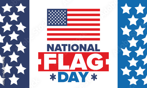 National Flag Day in United States. American flag day. Holiday celebrated annual June 14 in USA. Patriotic style design. Poster, greeting card, banner and background. Vector illustration