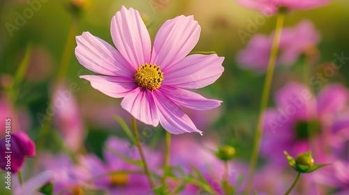 pink cosmos flower blooming in the field.