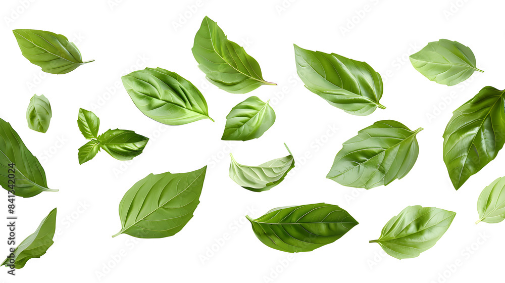 Falling basil leaves isolated on white background Falling basil leaves isolated on white background