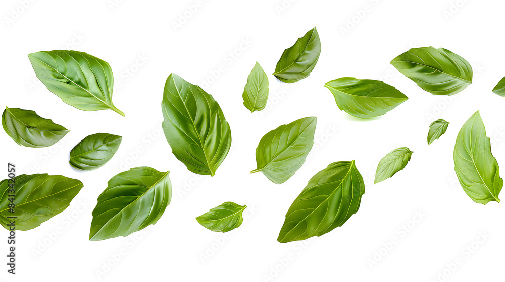 Falling basil leaves isolated on white background Falling basil leaves isolated on white background