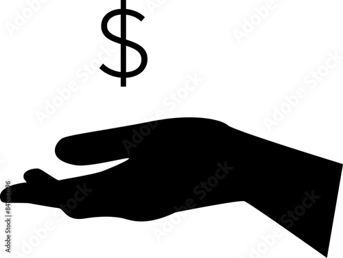 Silhouette of a dollar sign above an outstretched hand. Vector illustration in black color. Transparent background