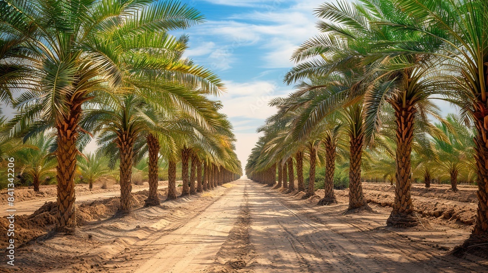 Obraz premium Plantation of date palms intended for healthy food production. Dates production is a rapidly developing agriculture industry in desert areas of the Middle East 