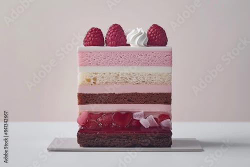 Raspberry layered cake with cream, vibrant and delightful, perfect for celebrations, colorful dessert photography, sweet and elegant layered treat