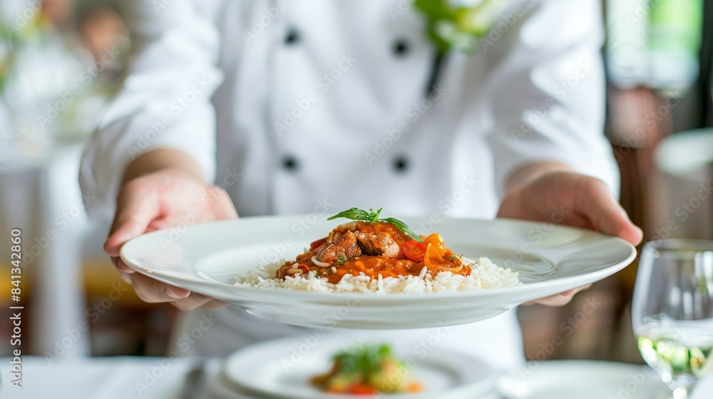 Professional waiter enhancing dining experience with meat dishes at festive event Professional waiter enhancing dining experience with meat dishes at festive event